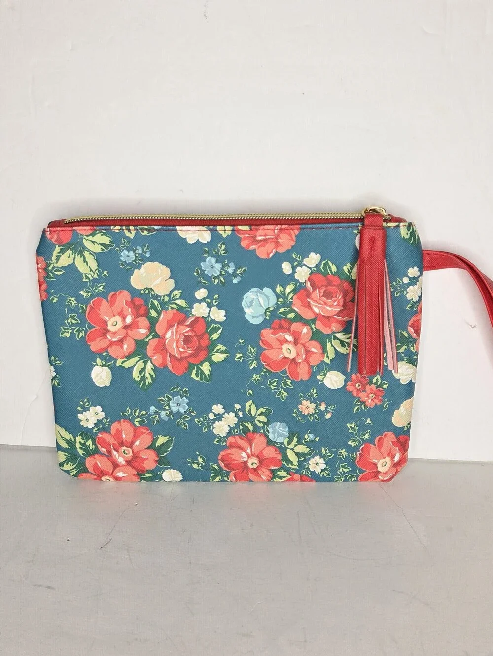 Pioneer Woman Floral Zip Wristlet Cosmetic Travel Pouch Teal with Red Roses